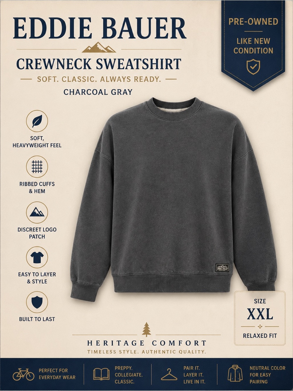 Eddie Bauer Men's Charcoal Gray Crewneck Sweatshirt